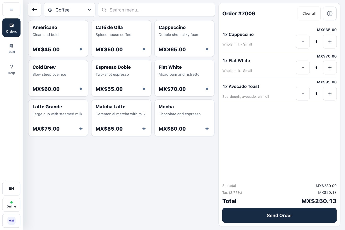 MoyPOS cashier workspace with the coffee menu, modifiers and a three-item order ready to send